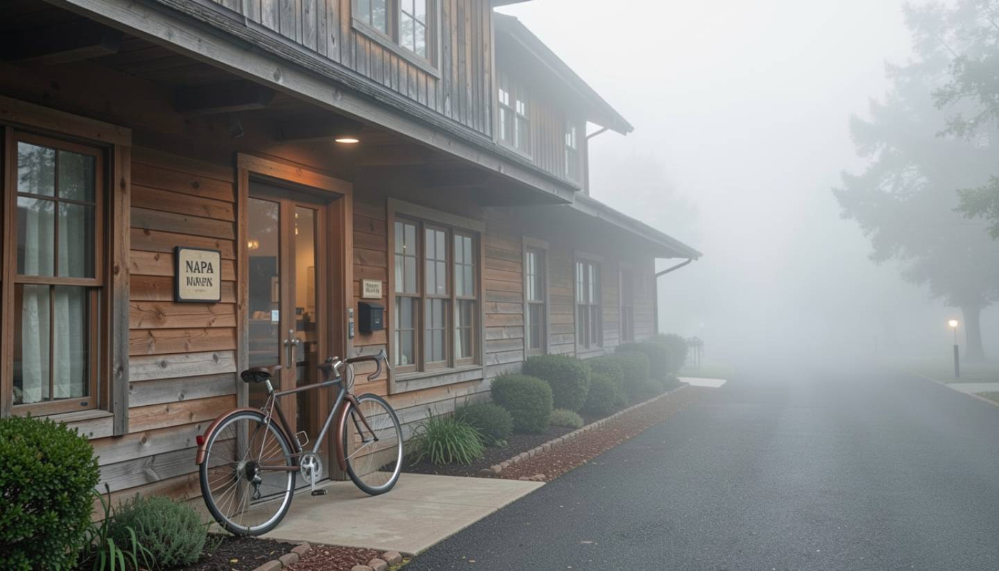 Morning fog outside a small boutique hotel in Napa Valley with soft light, trees, and a quiet, walkable setting.