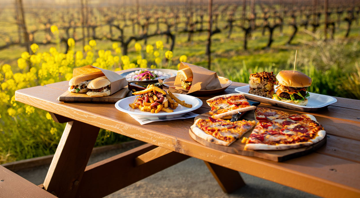 Casual outdoor lunch in Napa Valley with burgers and pizza on a picnic table near vineyards and winter mustard blooms