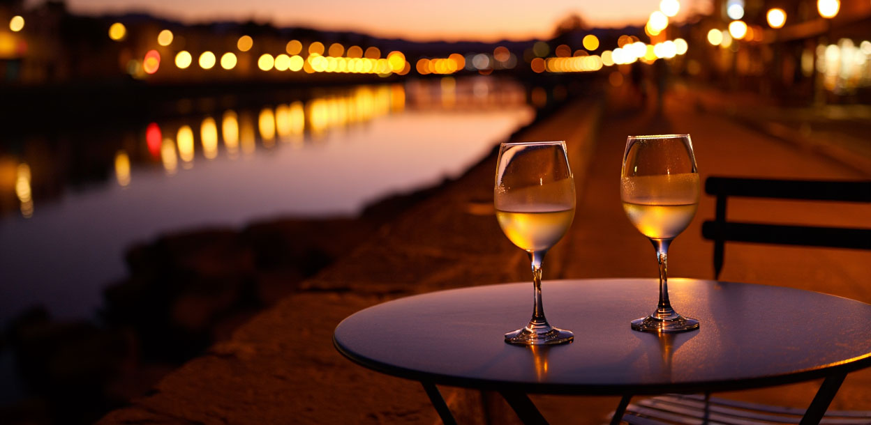 Outdoor dining table along the Napa Riverfront at sunset, with wine glasses and soft evening light creating a relaxed urban dining experience.