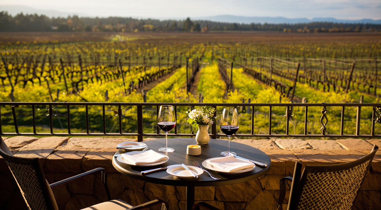 Outdoor patio dining in Napa Valley surrounded by gardens and open land, featuring seasonal dishes and relaxed daytime atmosphere.