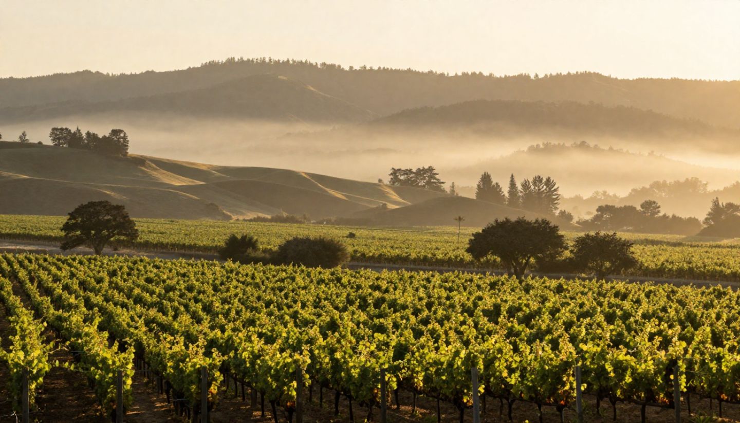 Wide view of Napa Valley vineyards at golden hour with the Mayacamas mountains and soft fog, representing a calm and luxurious wine country setting.