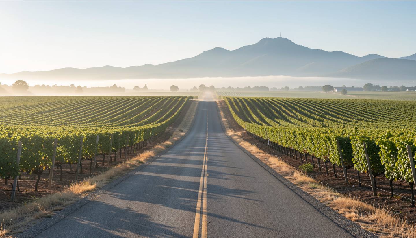 Morning view along Silverado Trail in Napa Valley with vineyards, light fog, and an empty road, highlighting a quiet back road travel experience.