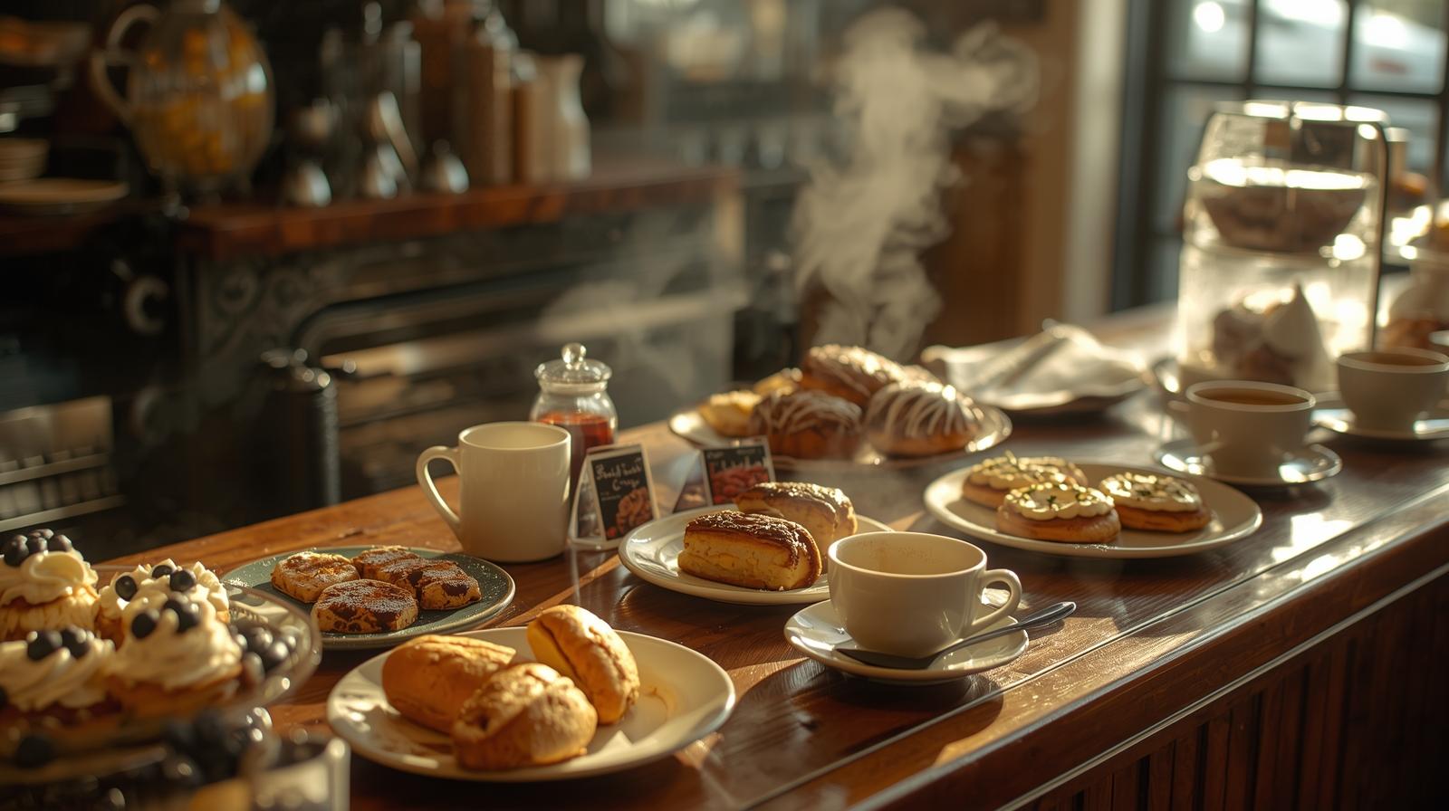 Bakery counter in Napa Valley with pastries and breakfast plates at an affordable local restaurant