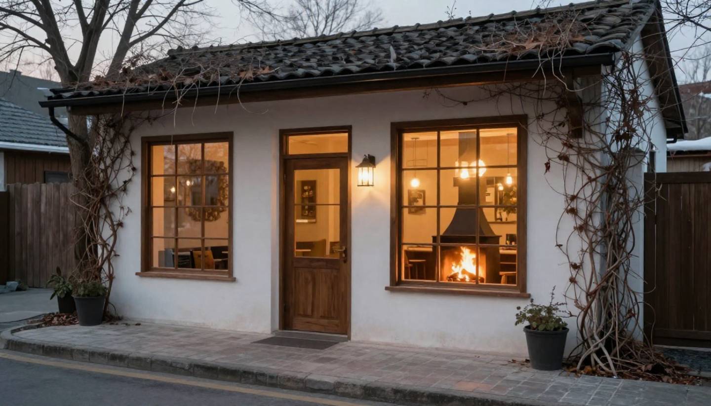 Boutique inn in Napa Valley during a quiet morning with warm lights and no guests visible, representing a calm and tech-free stay.