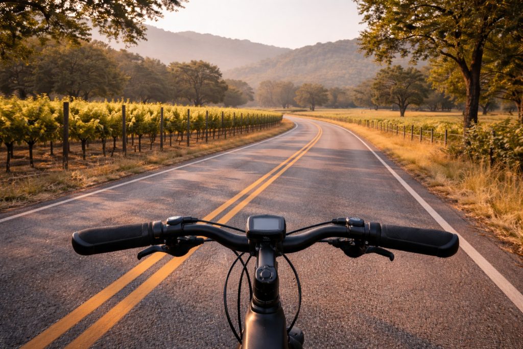 )
View from an electric bike on a quiet Napa Valley road near Rutherford and Oakville with vineyards and hills, showing a peaceful cycling experience.