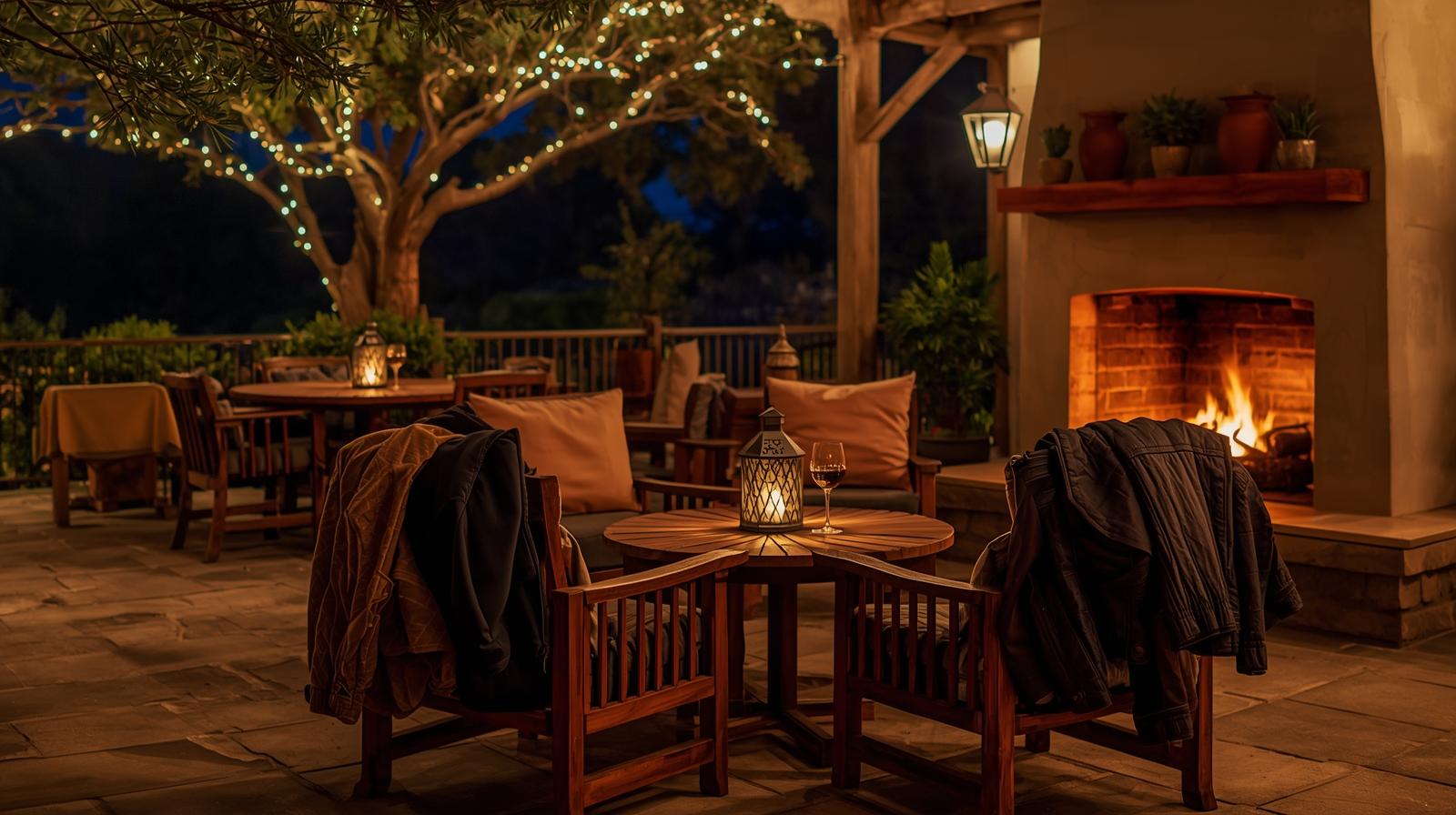 Heated outdoor patio with evening seating in Napa Valley during a cool night.
