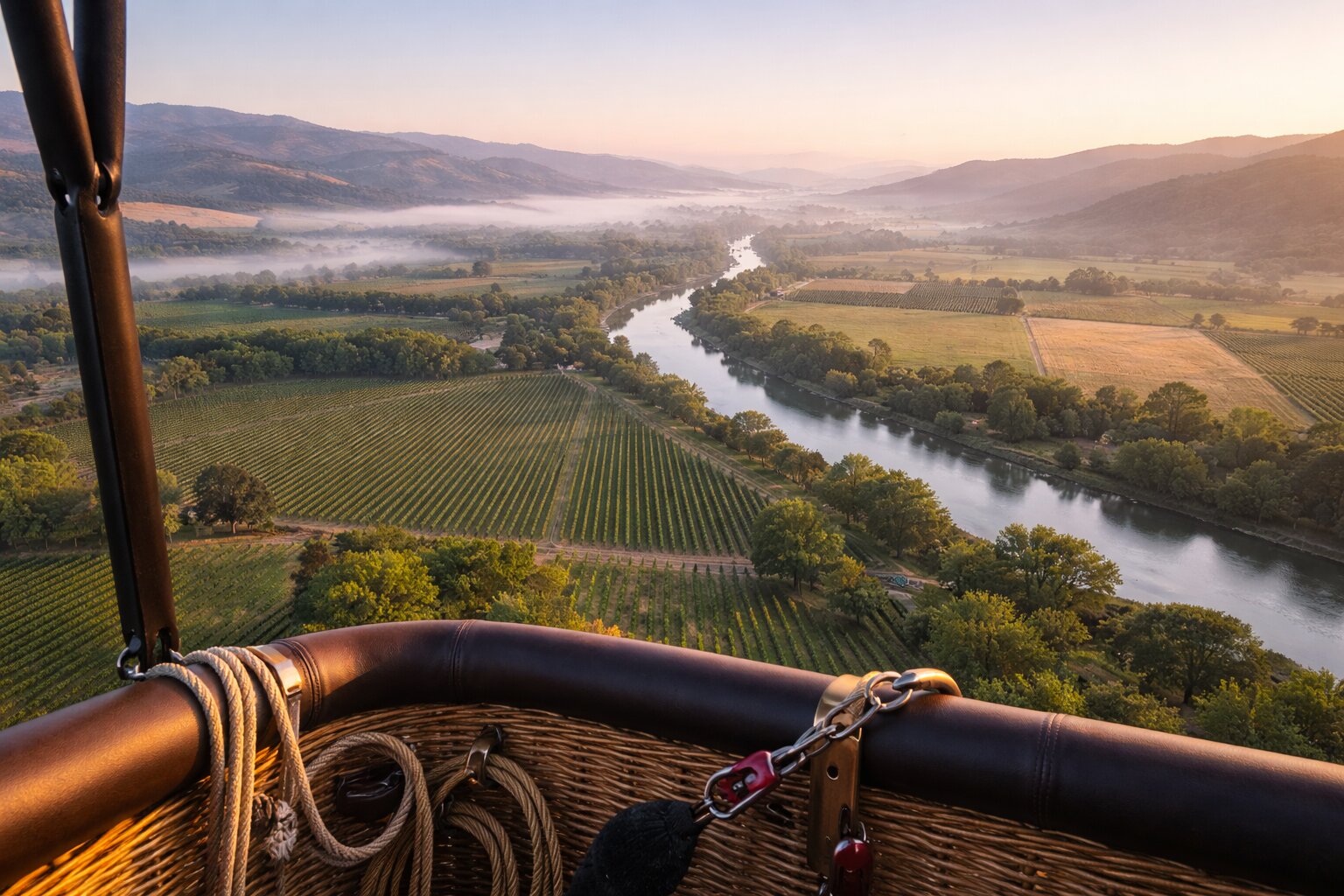 View from a hot air balloon basket overlooking Napa Valley vineyards and farmland at sunrise.