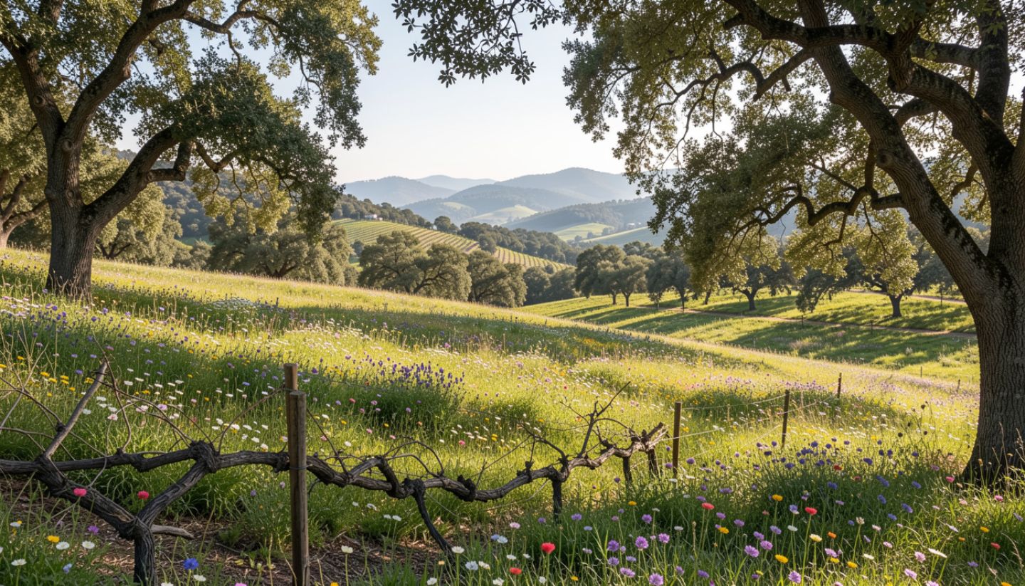 Spring wildflowers on a hillside overlooking Napa Valley vineyards, showing seasonal blooms and natural landscape.