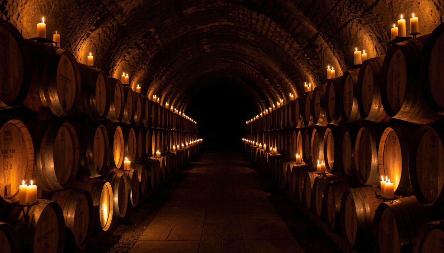 Napa Valley wine cave lined with barrels for private tour.