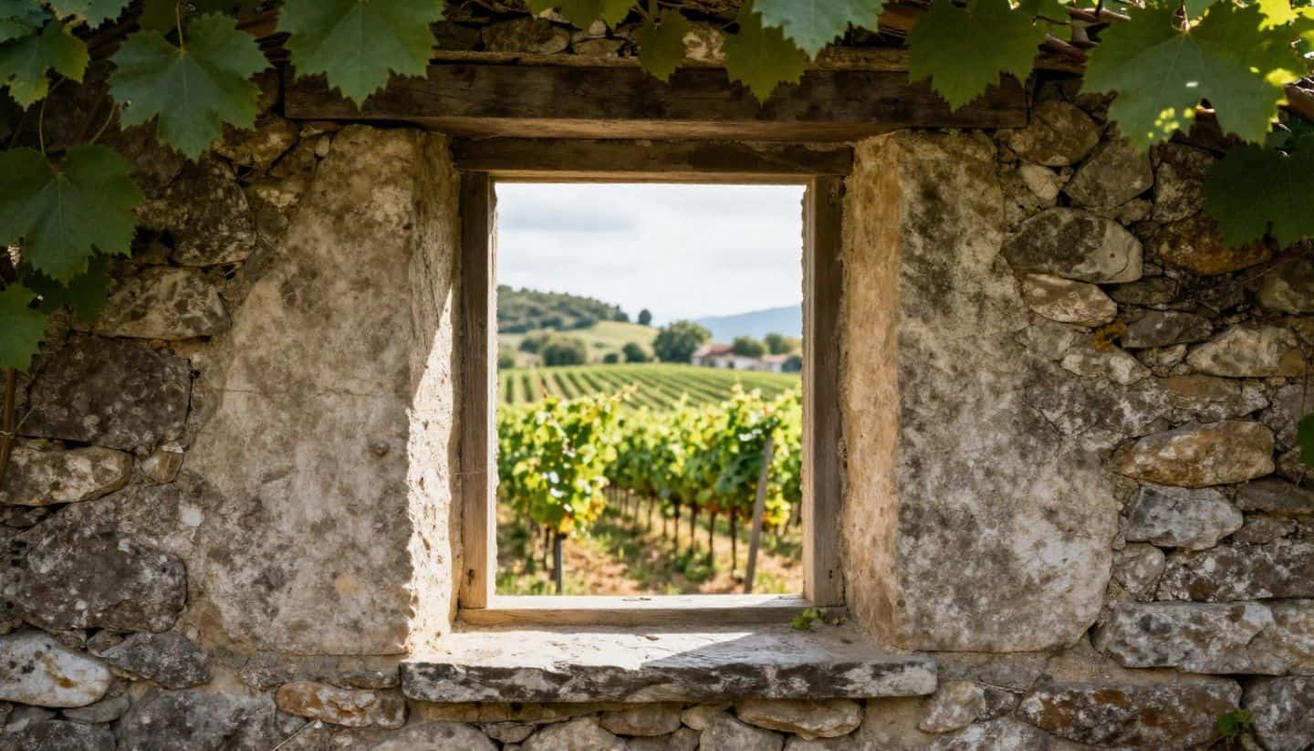 Architectural stone wall framing scenic Napa vineyard view.