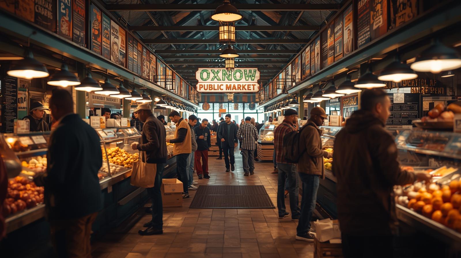 Food stalls inside Oxbow Public Market in Napa Valley offering affordable dining options.