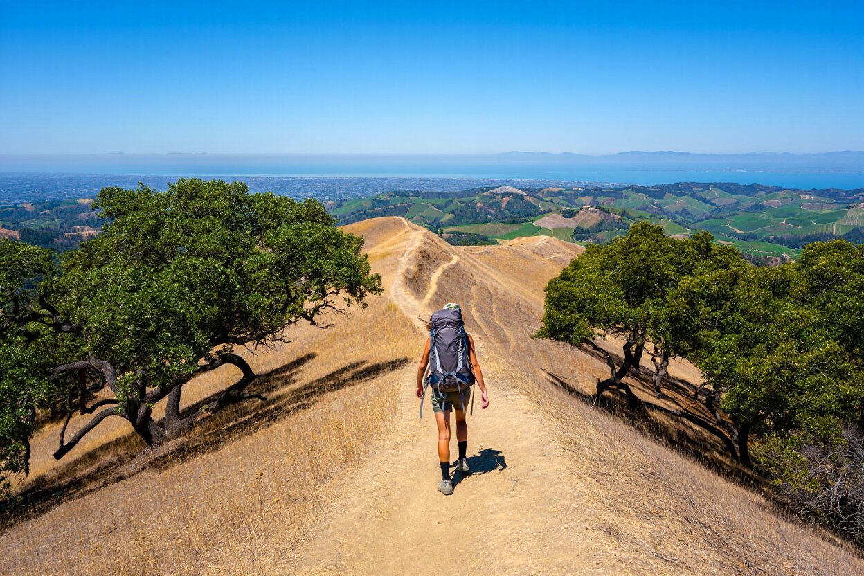 Hiker on a ridge trail at Skyline Wilderness Park overlooking southern Napa Valley with oak trees and wide open views.