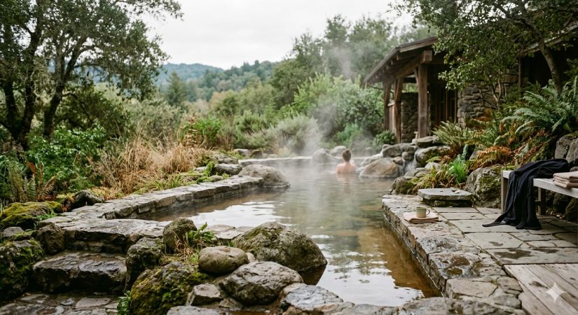 Peaceful mineral bath spa in Calistoga, Napa Valley, representing relaxation and recovery for healthcare professionals.