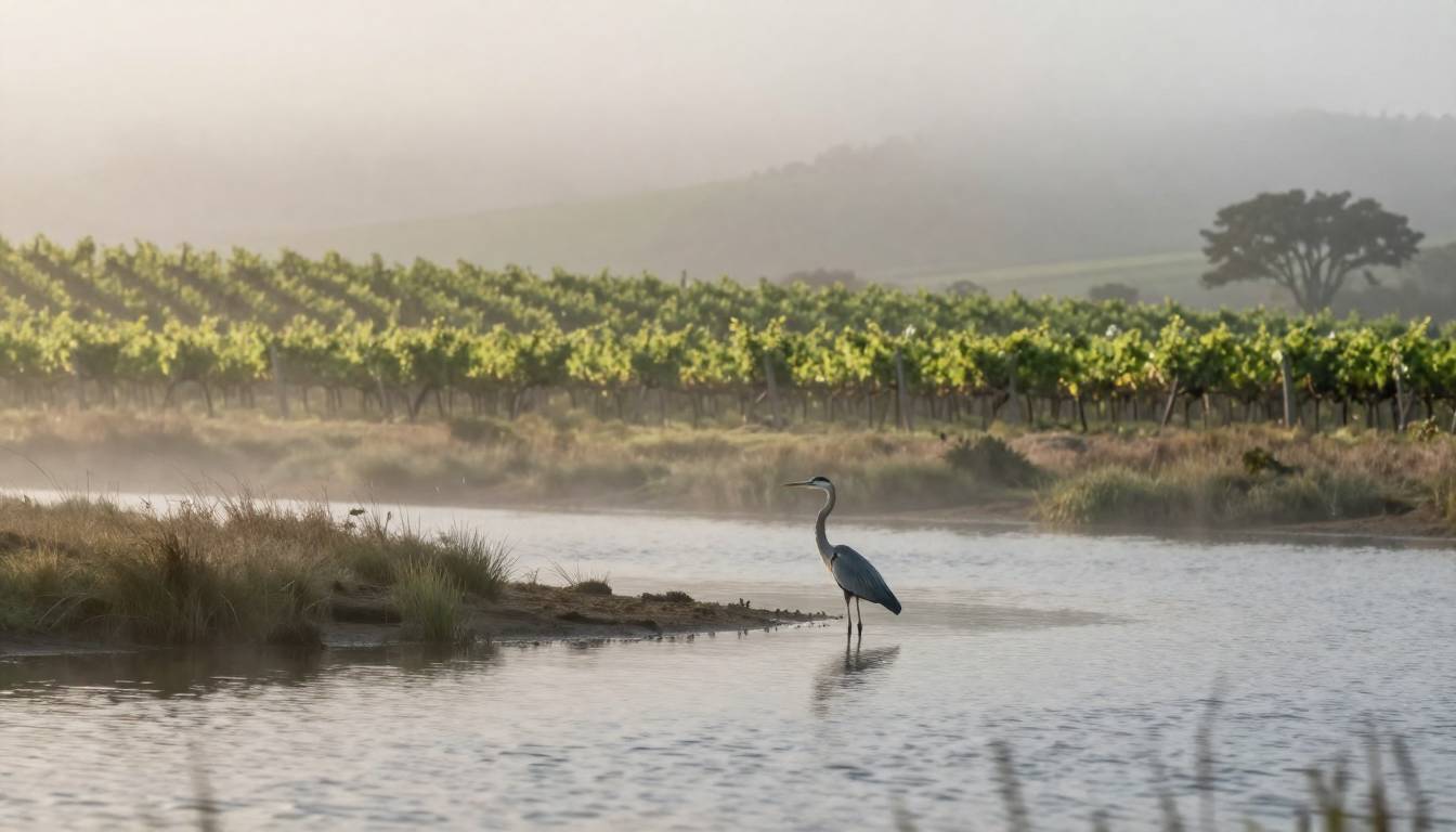 Early morning birdwatching in the Carneros wetlands of Napa Valley with a great blue heron standing near vineyard edges as fog lifts from the water.