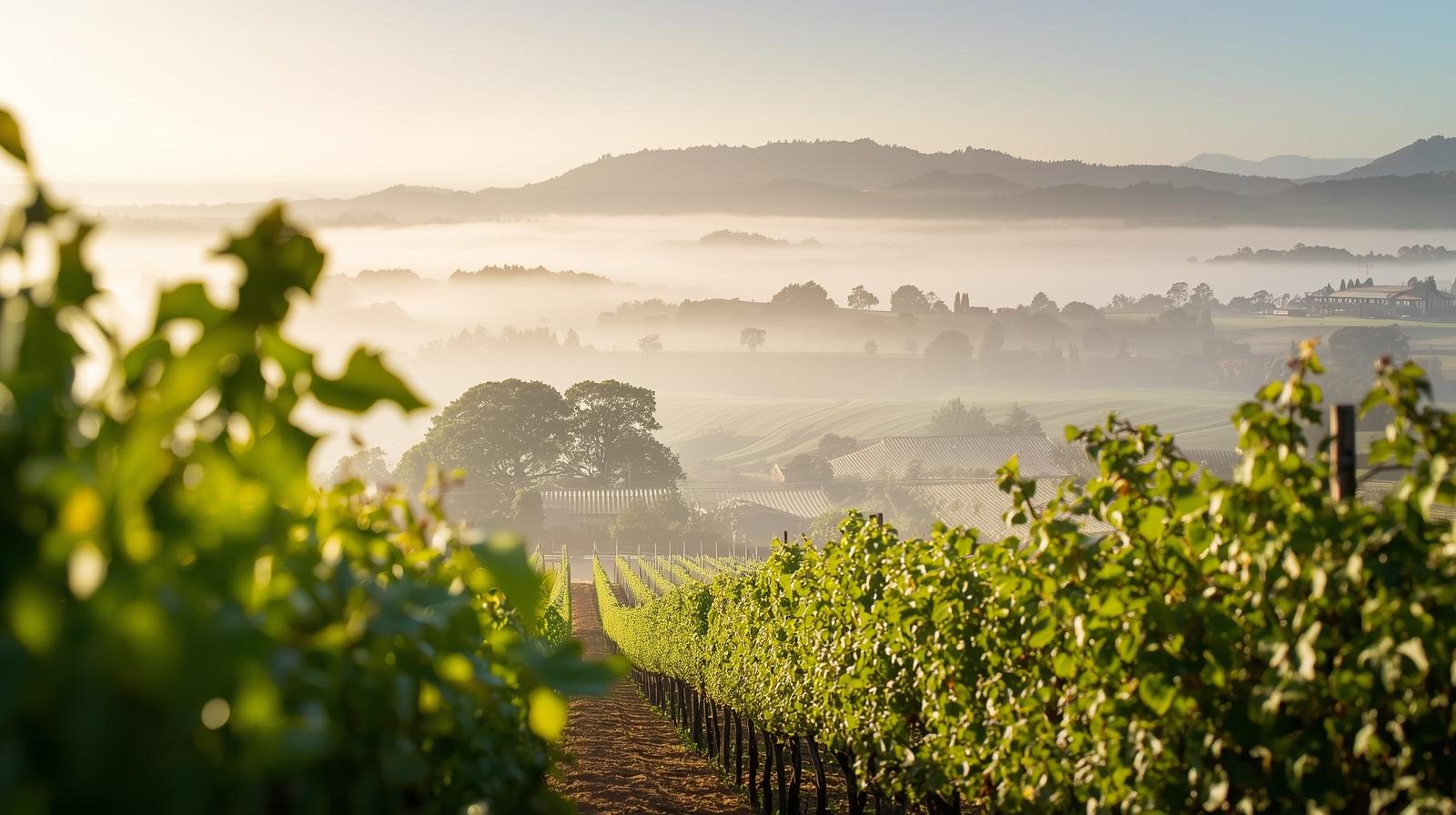 Wind-swept vineyard in Carneros Napa Valley with morning fog and cool maritime climate, demonstrating southern Napa microclimates.
