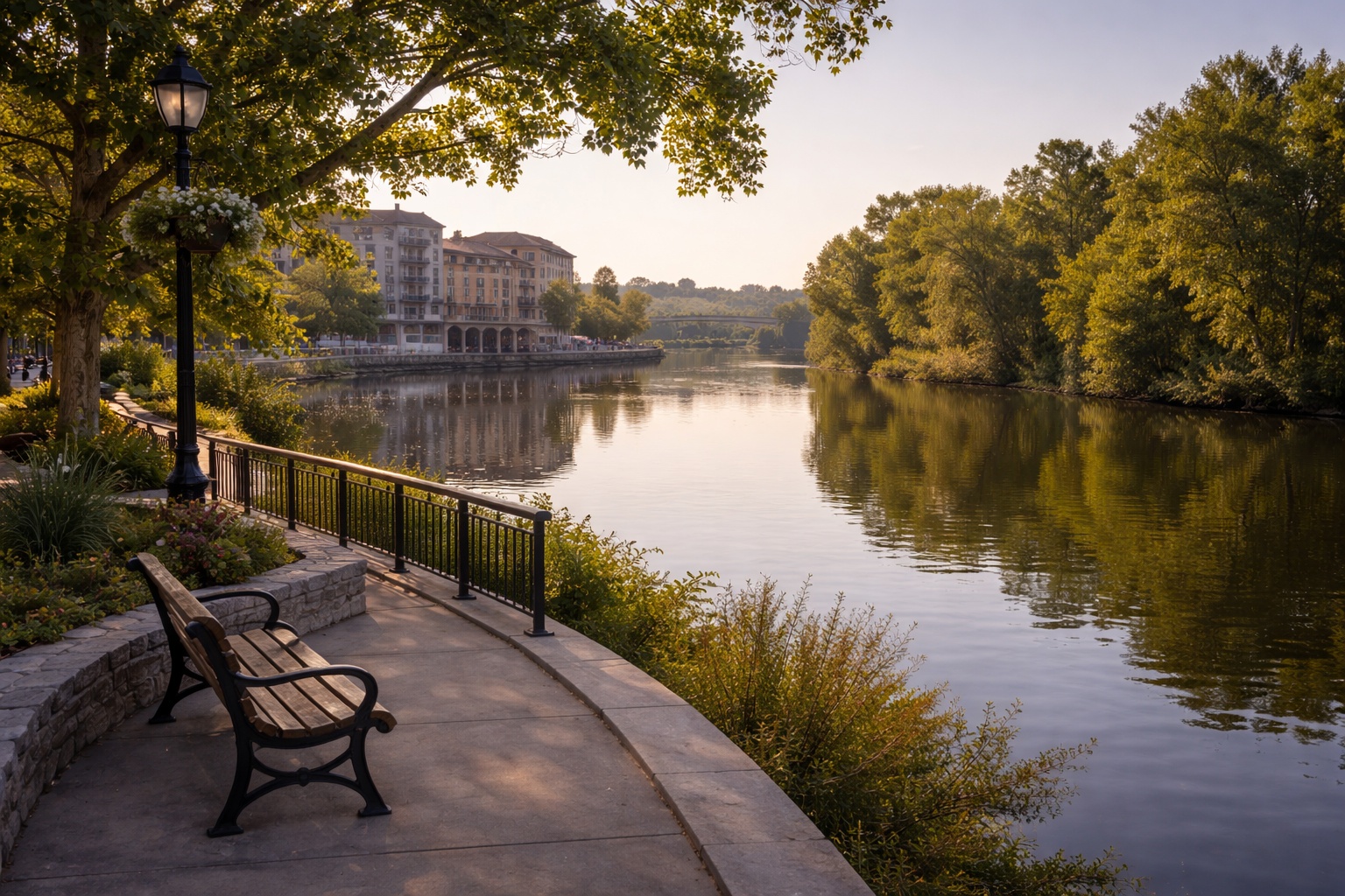 Peaceful riverfront path in downtown Napa with calm water and empty benches, a common writing spot for travel journalers seeking quiet scenery.