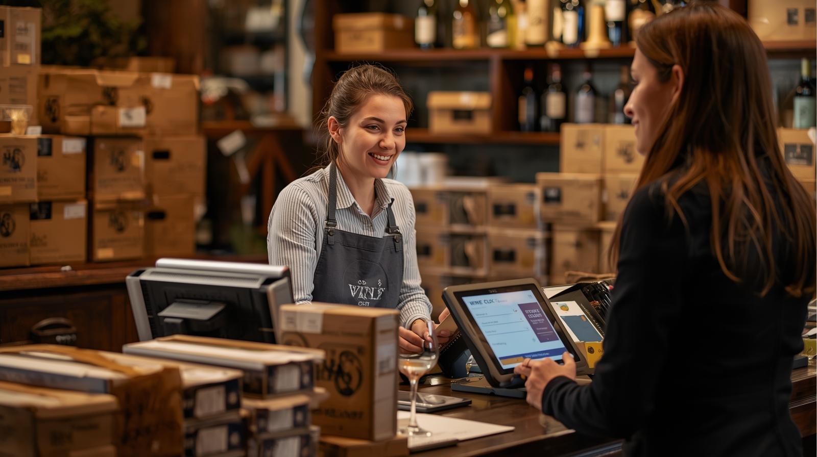 Downtown Napa tasting room point-of-sale system processing wine club purchase and shipping order, demonstrating direct-to-consumer hospitality technology.