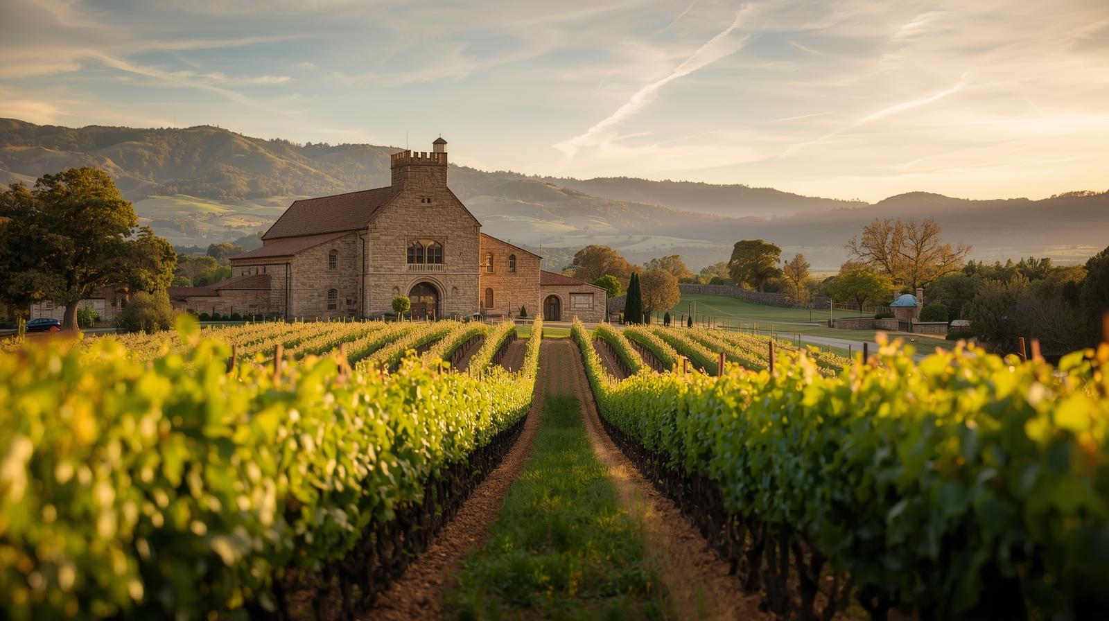 Pre-Prohibition stone winery in Rutherford Napa Valley surrounded by vineyard rows and preserved agricultural land, representing cultural heritage and historic preservation in Napa.