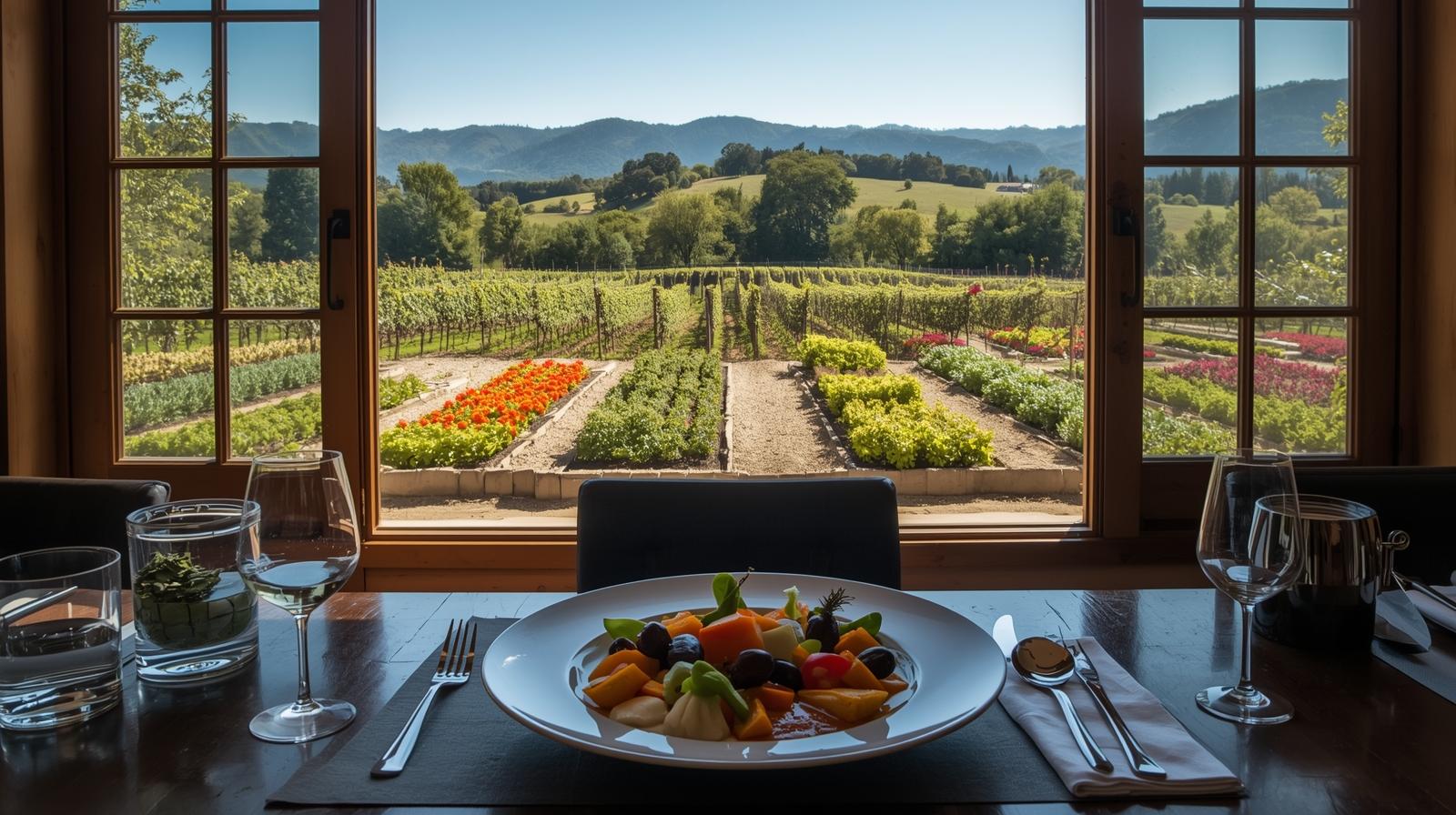 Farmstead restaurant at Long Meadow Ranch in St. Helena, Napa Valley, illustrating farm-to-table food distribution and vertically integrated artisan food production.