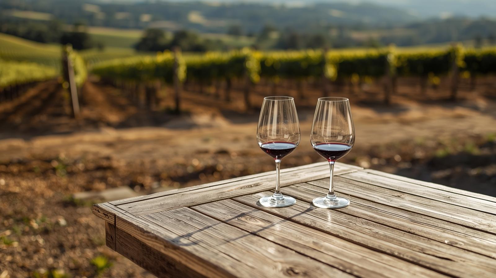 Two wine glasses on a winery patio overlooking vineyards in Napa Valley, illustrating repeat visits, slow travel, and personal connection to the land.