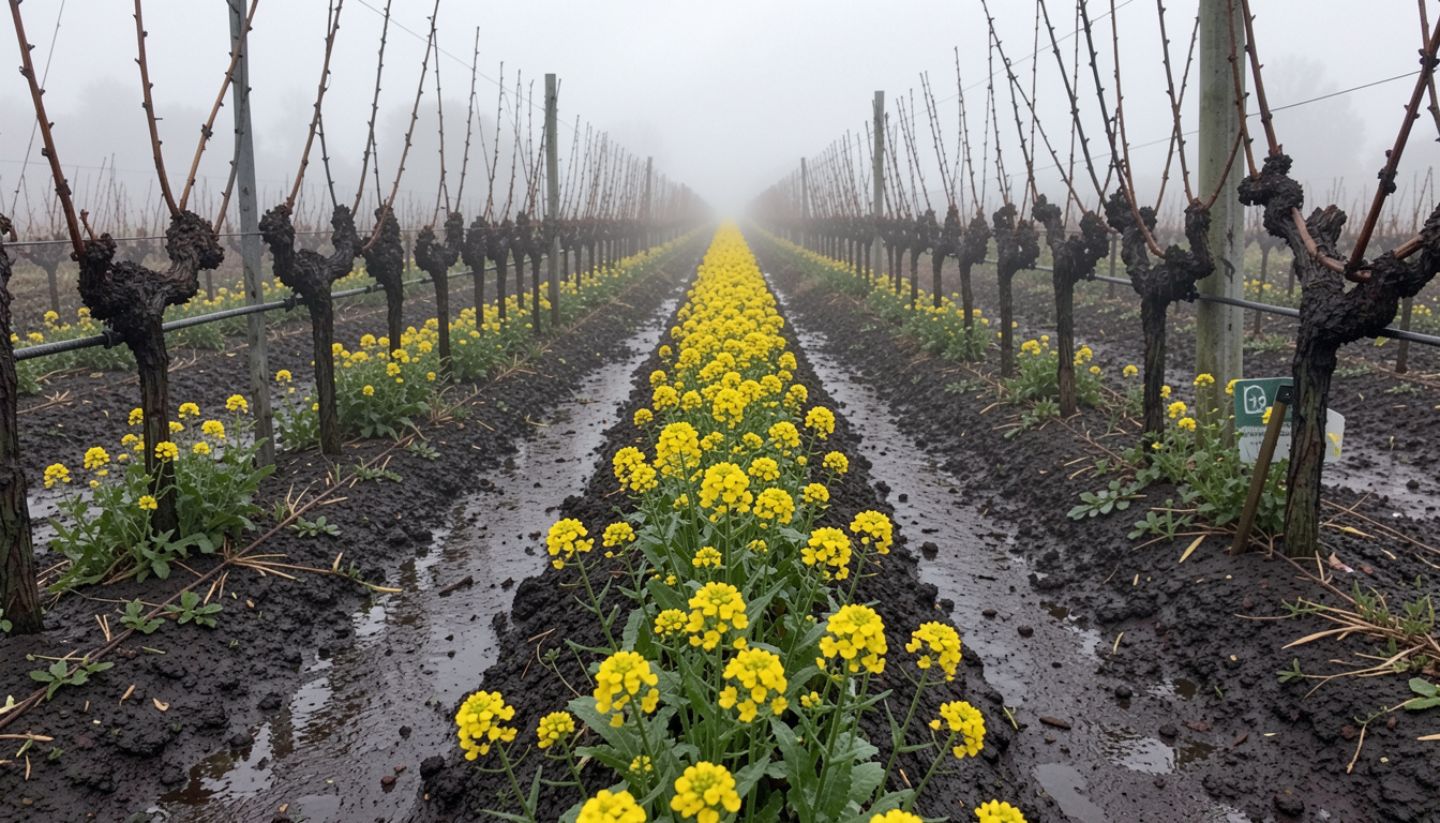 Yellow mustard flowers blooming between vineyard rows in Napa Valley after rainfall with dark volcanic soil and light fog in the background.