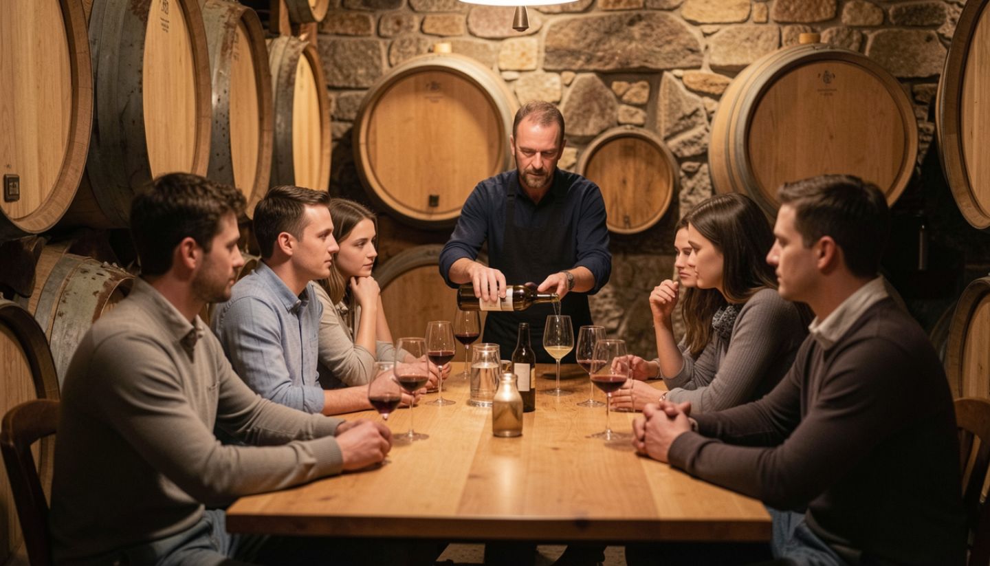Private seated winery tasting in Napa Valley with a remote team gathered at one table, focused on shared experience and conversation.