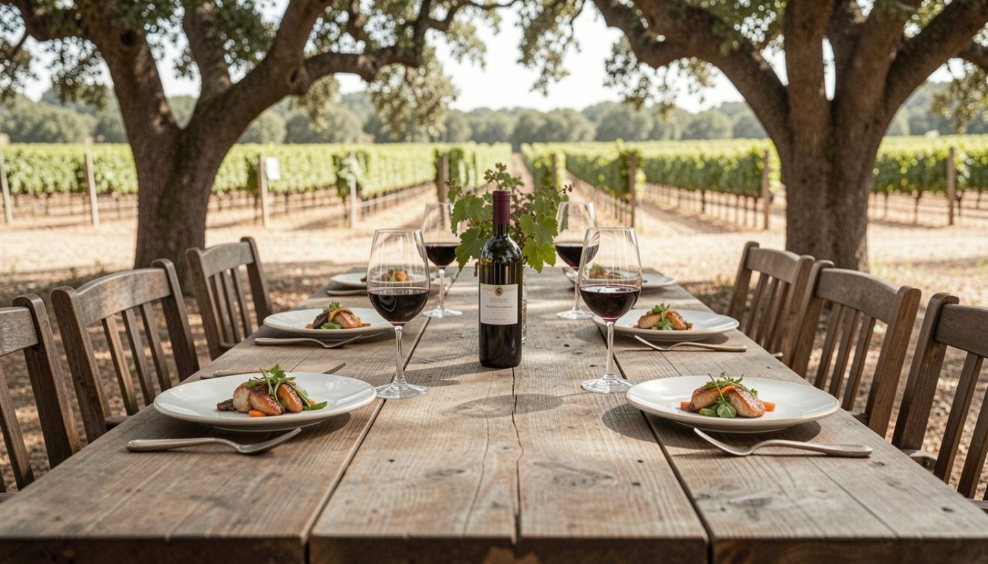 Simple seasonal meal at a long wooden table in Napa Valley, emphasizing culinary technique, restraint, and ingredient-driven cooking.