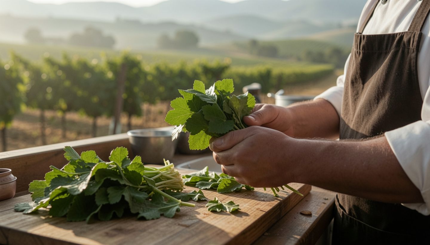 Chef holding freshly harvested Napa Valley produce in early morning vineyard light, emphasizing ingredients, seasonality, and culinary technique.