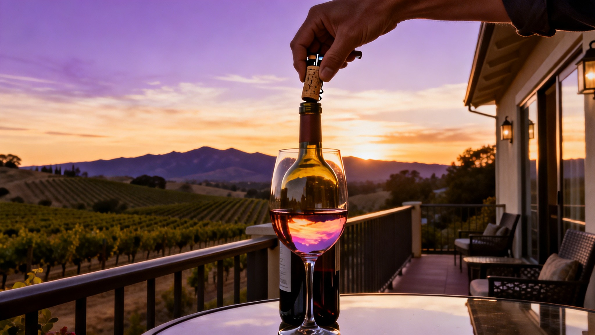 A couple opening a bottle of Napa Valley wine during an annual couples trip, marking a shared tradition and meaningful ritual.