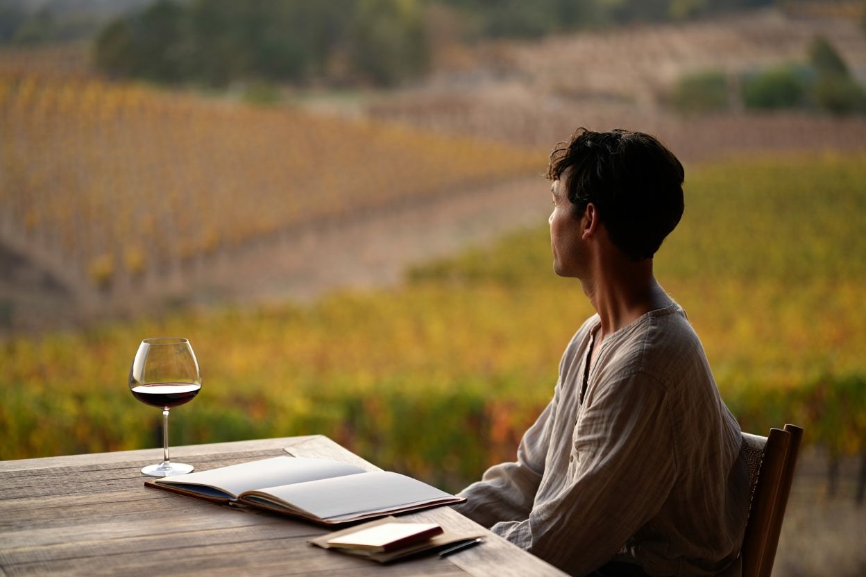Creative traveler seated at a table overlooking Napa Valley vineyards, reflecting and observing the landscape during a quiet, intentional creative retreat.