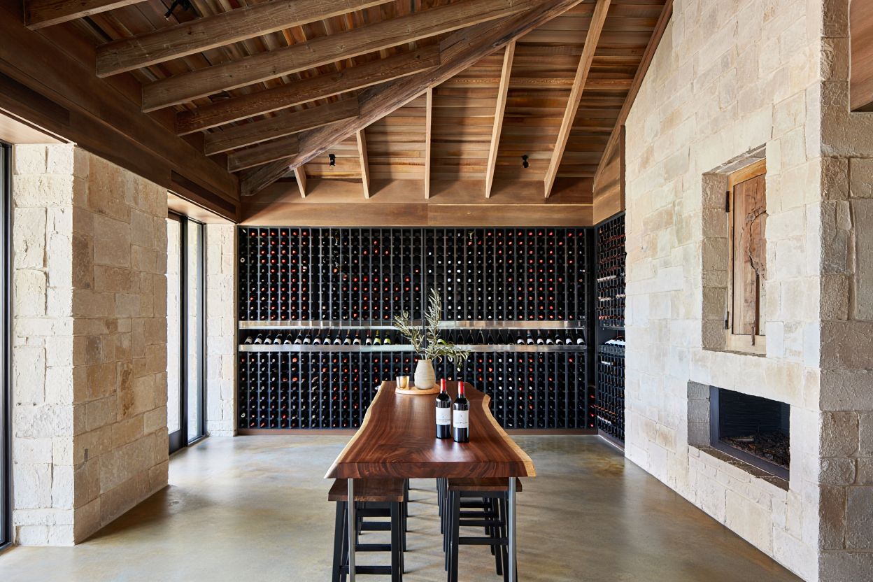 Interior of a Napa Valley winery featuring natural materials and restrained design, reflecting craftsmanship and intentional architectural style.