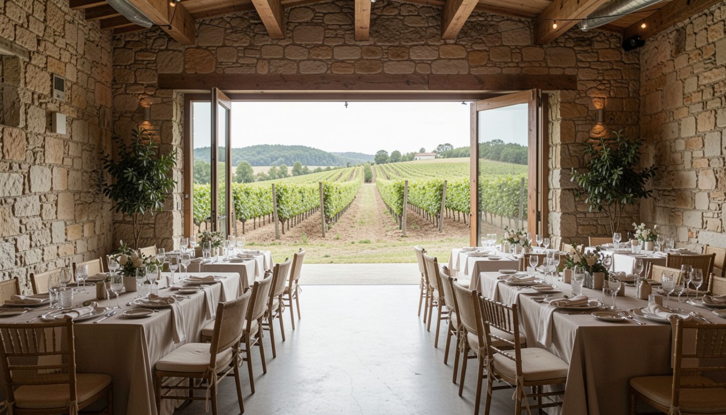 Indoor to outdoor event space at a Napa Valley estate, with stone architecture, open doors, and tables set for a private gathering, showing seamless guest flow.