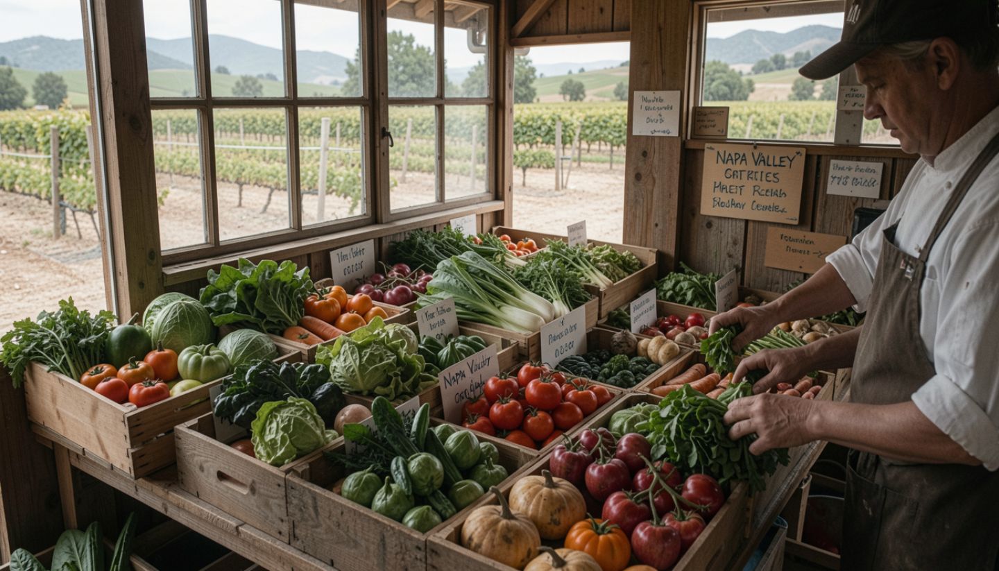 Chef selecting seasonal vegetables at a Napa Valley farm stand, highlighting ingredient sourcing, freshness, and local agriculture.