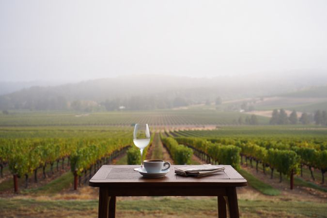 Quiet vineyard terrace in Napa Valley during early morning fog, representing calm, precision, and intentional travel for finance professionals.