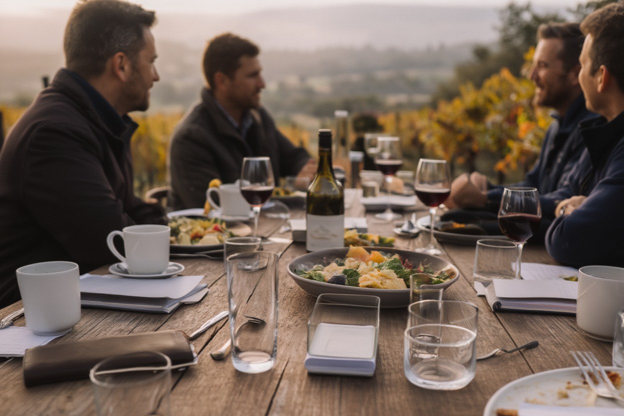  Founders seated at a long table in Napa Valley sharing a meal and conversation during an informal offsite without presentations or slide decks.