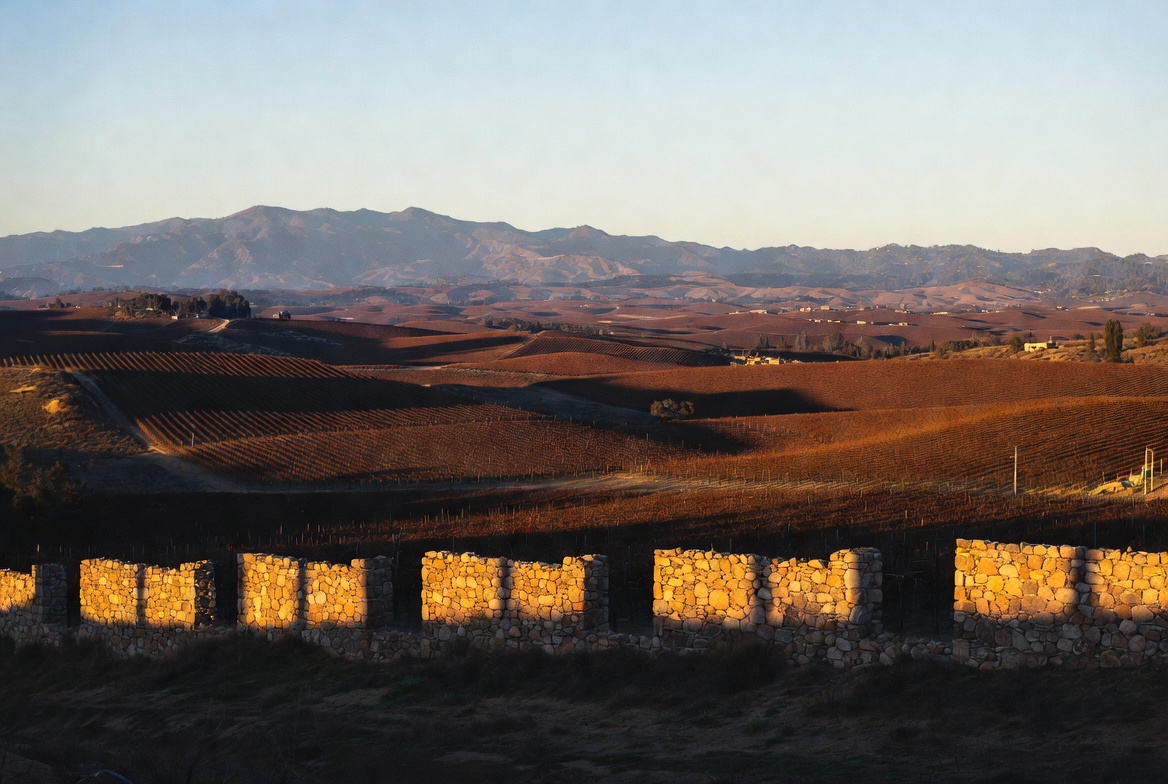 Late afternoon light falls across Napa Valley vineyard rows and a stone structure, casting long shadows that emphasize proportion, land contours, and restrained architectural design.