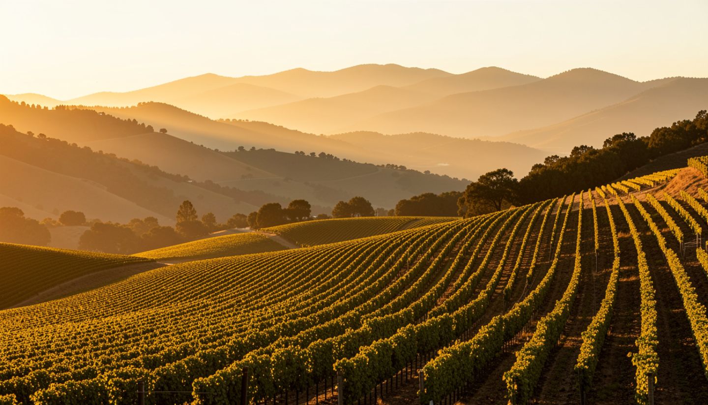 Golden hour light illuminating vineyard rows in Napa Valley near the Mayacamas foothills, creating warm tones and long shadows