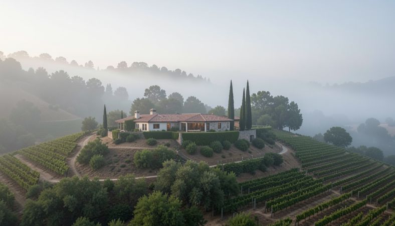 Hillside estate in Napa Valley designed into the landscape, showing land-first architecture with vineyards and morning fog.