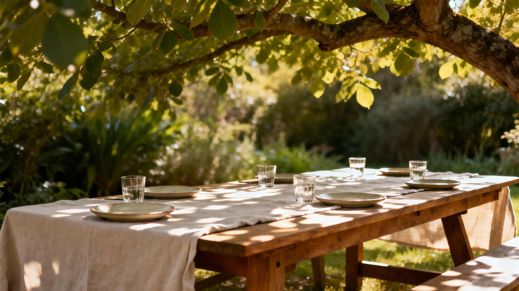 Outdoor lunch table in Napa Valley garden with simple place settings and soft shade, representing slow meals and minimalist travel experiences.