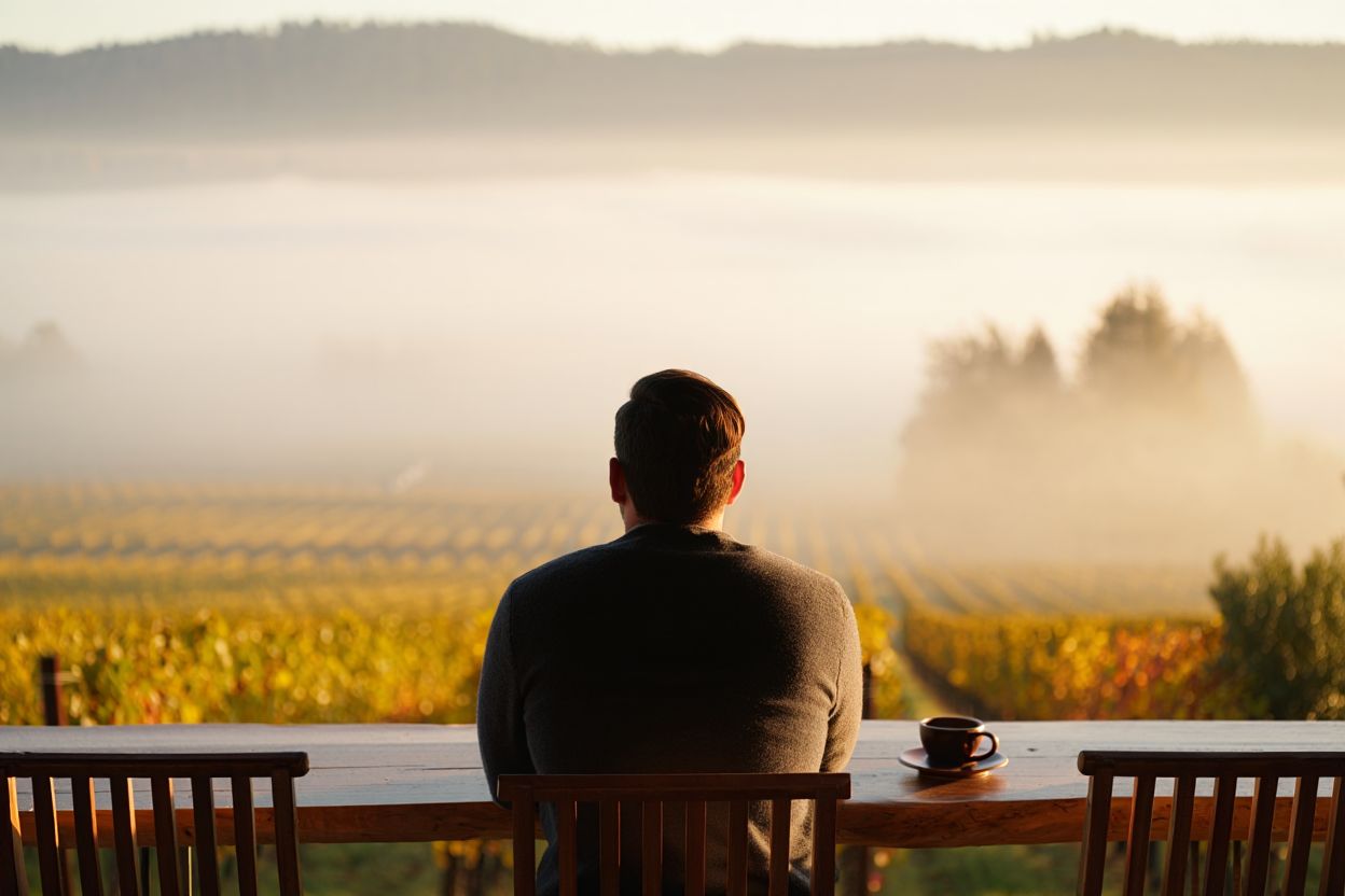 Quiet morning on a vineyard terrace in Napa Valley with fog lifting, representing a lawyer taking a peaceful 48-hour mental reset.