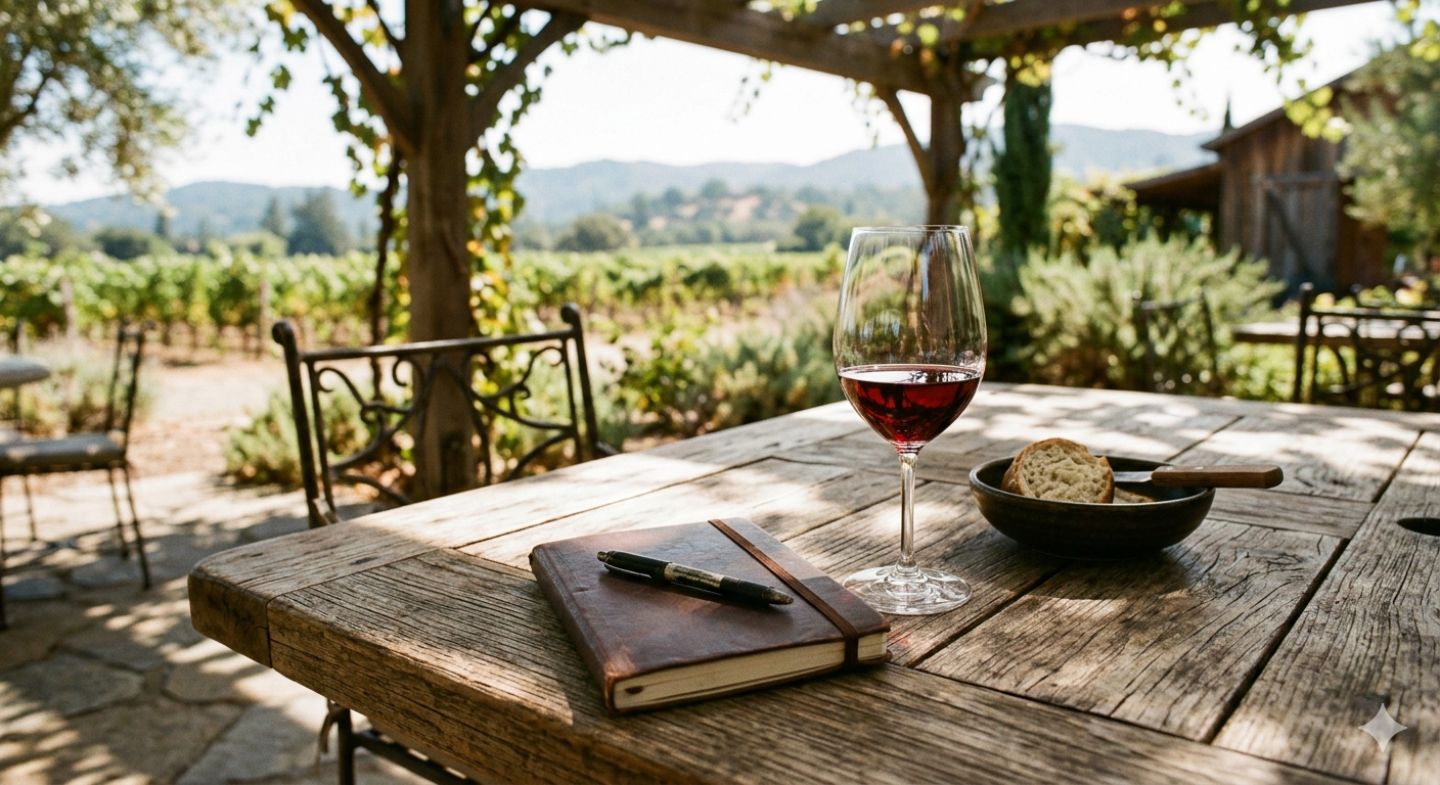 A simple wooden table in Napa Valley with a glass of red wine, a closed notebook, and soft afternoon light, suggesting a quiet pause during a writing retreat.