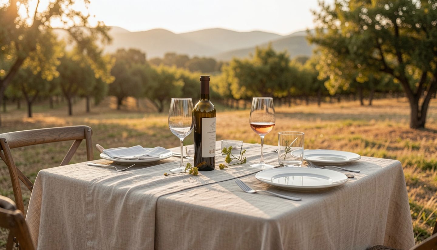 Minimal outdoor dining table in Napa Valley vineyards during golden hour, reflecting restraint, discernment, and refined taste.