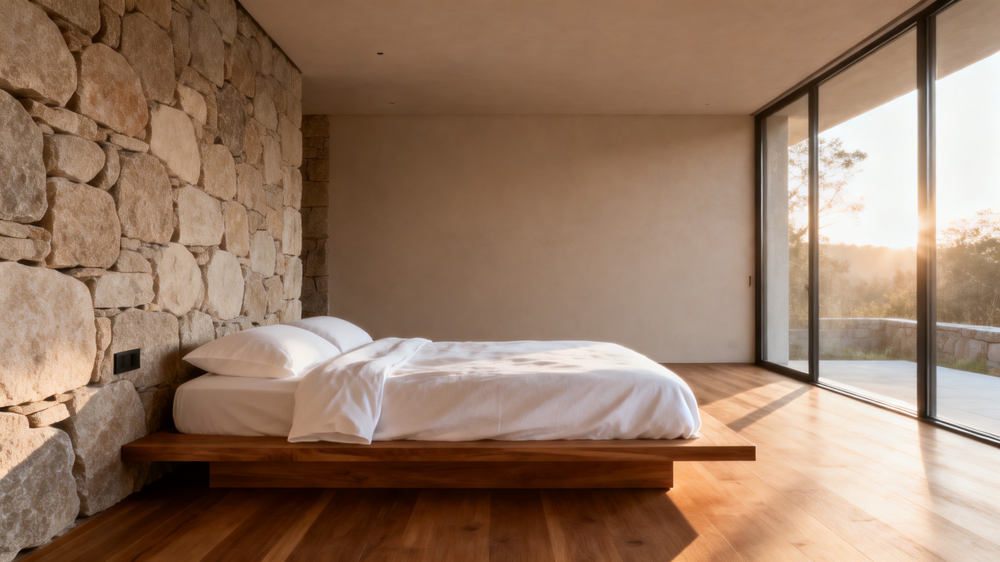 Minimalist guest room in Napa Valley featuring natural wood, linen bedding, and soft morning light, illustrating calm lodging suited for intentional travel.