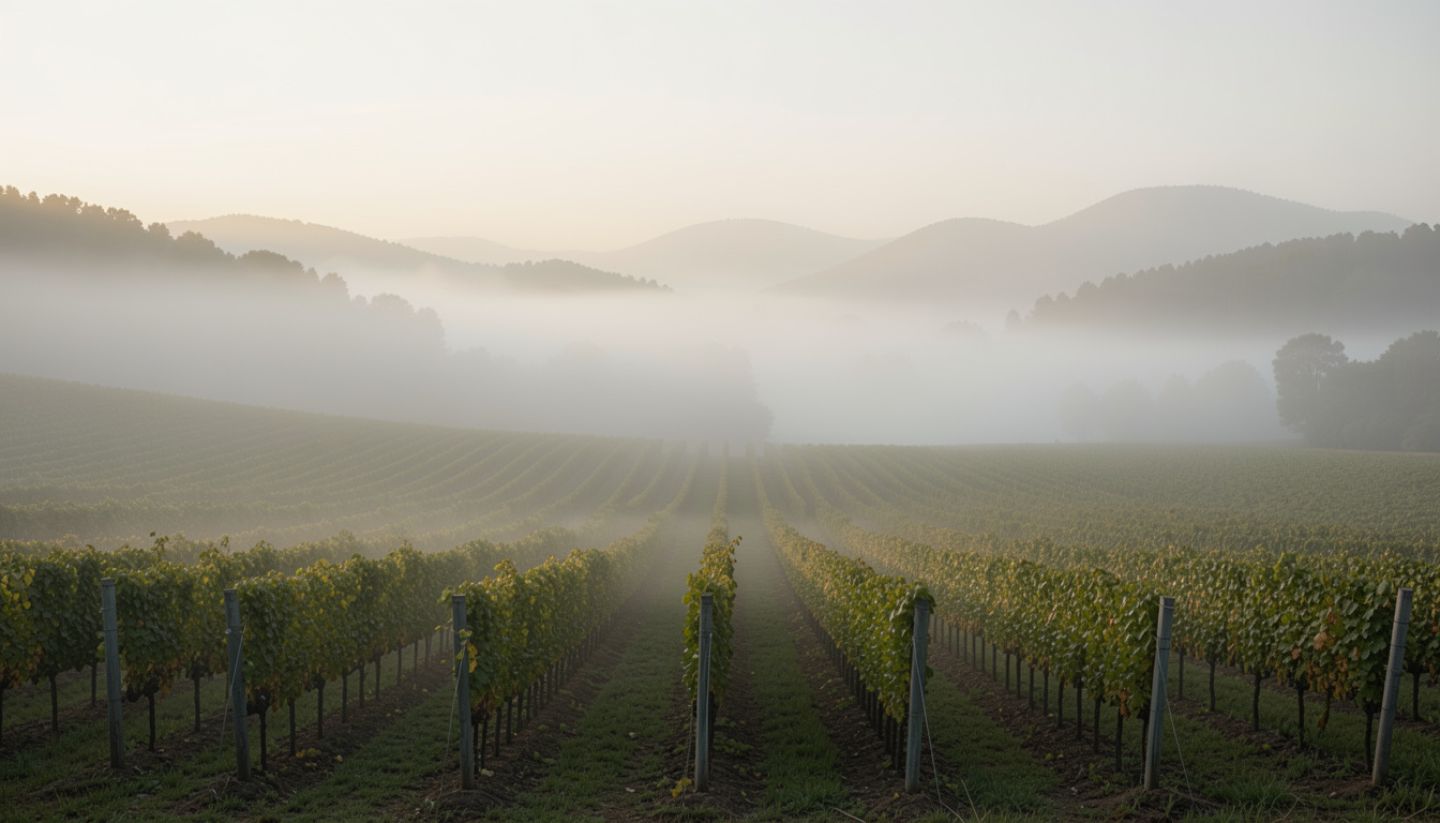 Early morning fog lifting between vineyard rows in Napa Valley, with soft natural light creating depth and calm for artists and photographers.