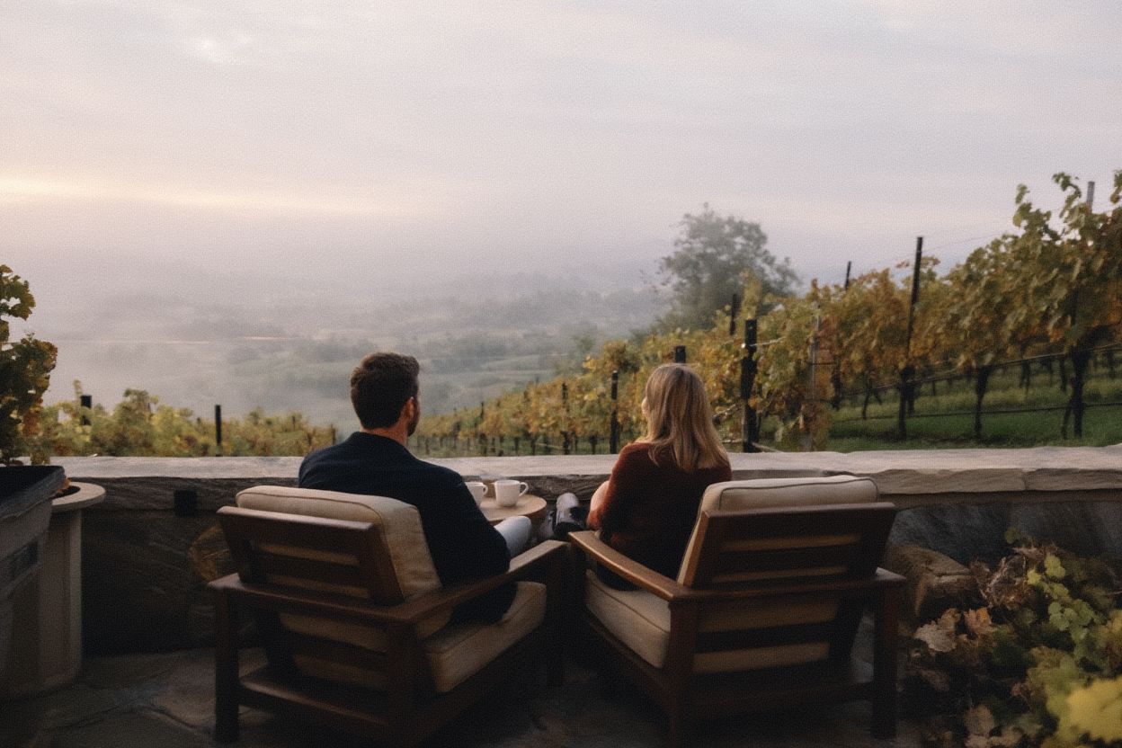 Private vineyard terrace in Napa Valley during quiet morning light, representing an executive retreat focused on privacy, discretion, and calm excellence.