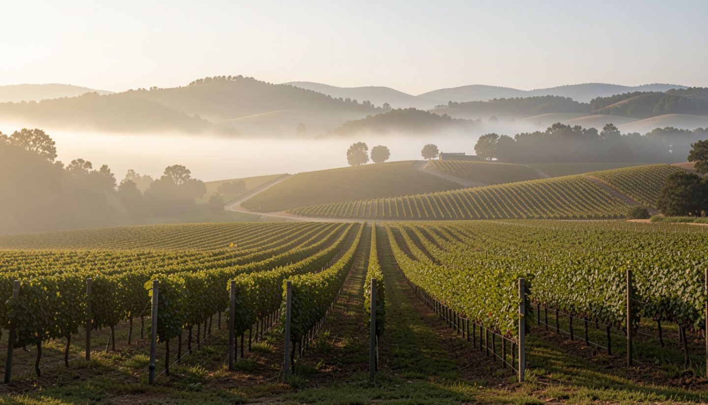 Aligned vineyard rows in Napa Valley during early morning fog, showing land structure and systems thinking that appeal to product professionals.