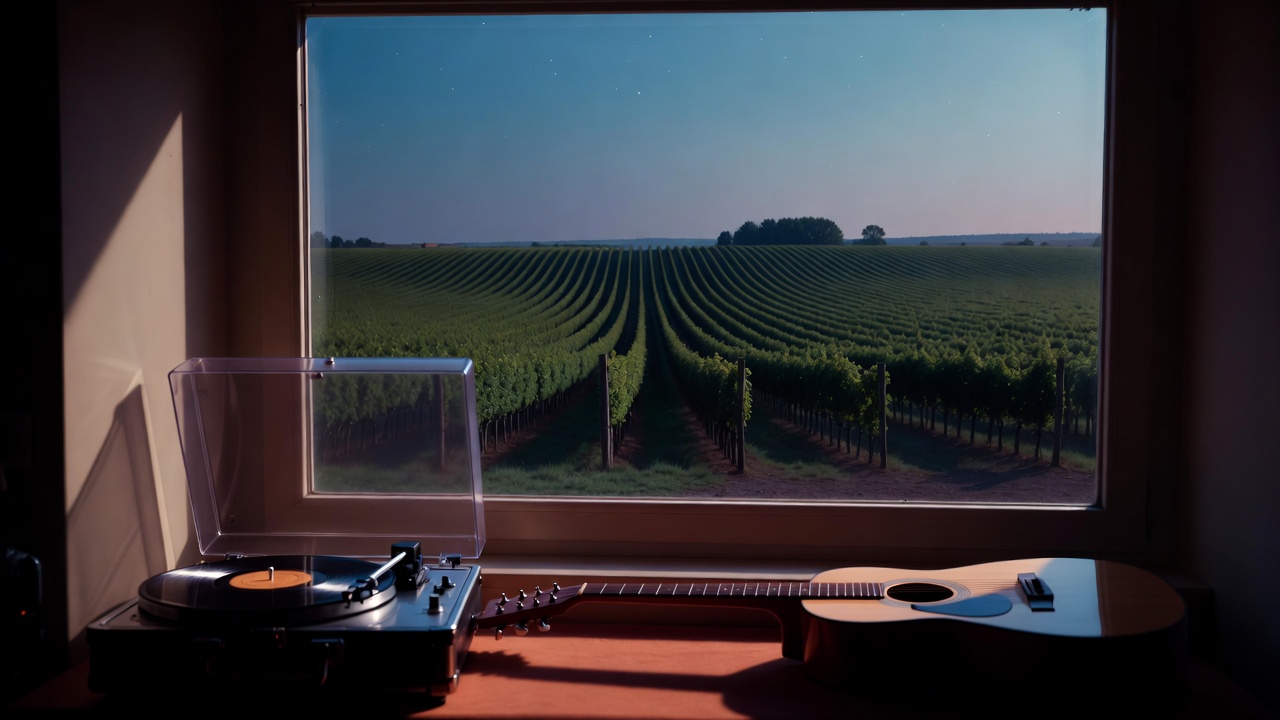 A peaceful Napa Valley room with a record player and acoustic guitar near a window overlooking vineyard rows at dusk, emphasizing slow listening and thoughtful music travel.