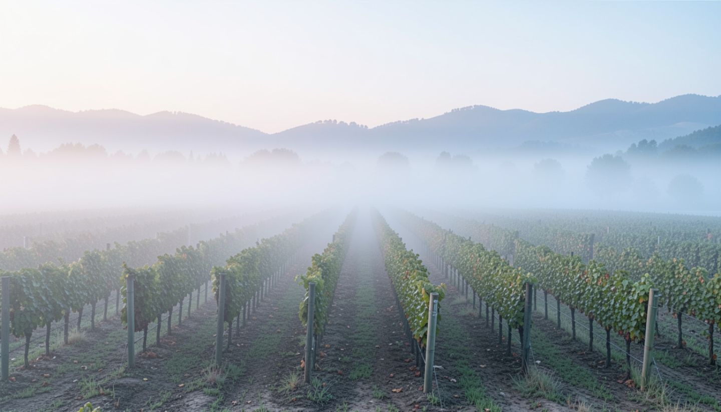 Early morning in Napa Valley with vineyard rows emerging from soft fog, creating a calm and restorative atmosphere ideal for rest and reflection.