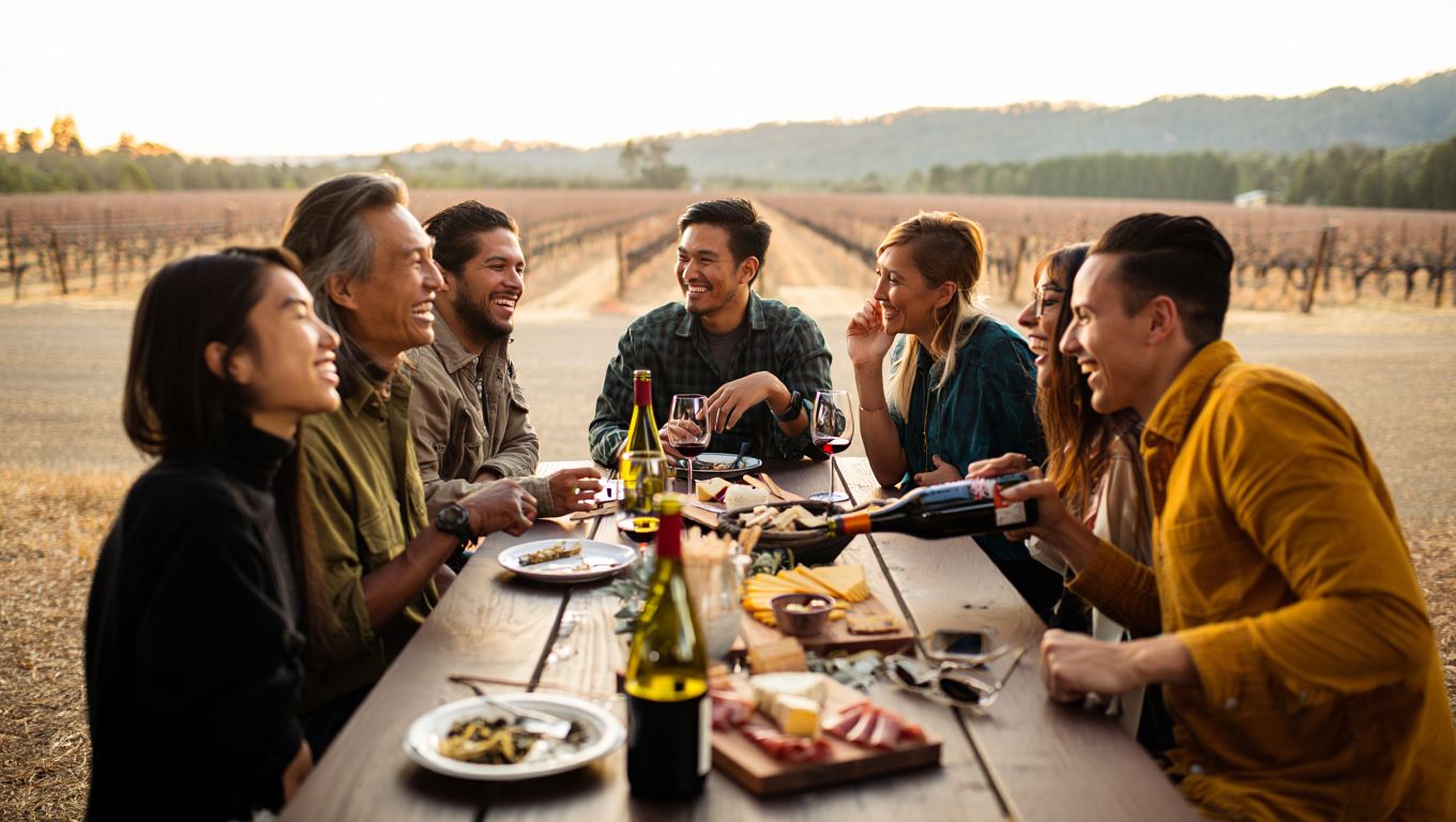 Remote work team gathered around a long outdoor table in Napa Valley, sharing a meal and conversation during a relaxed offsite focused on reconnection.