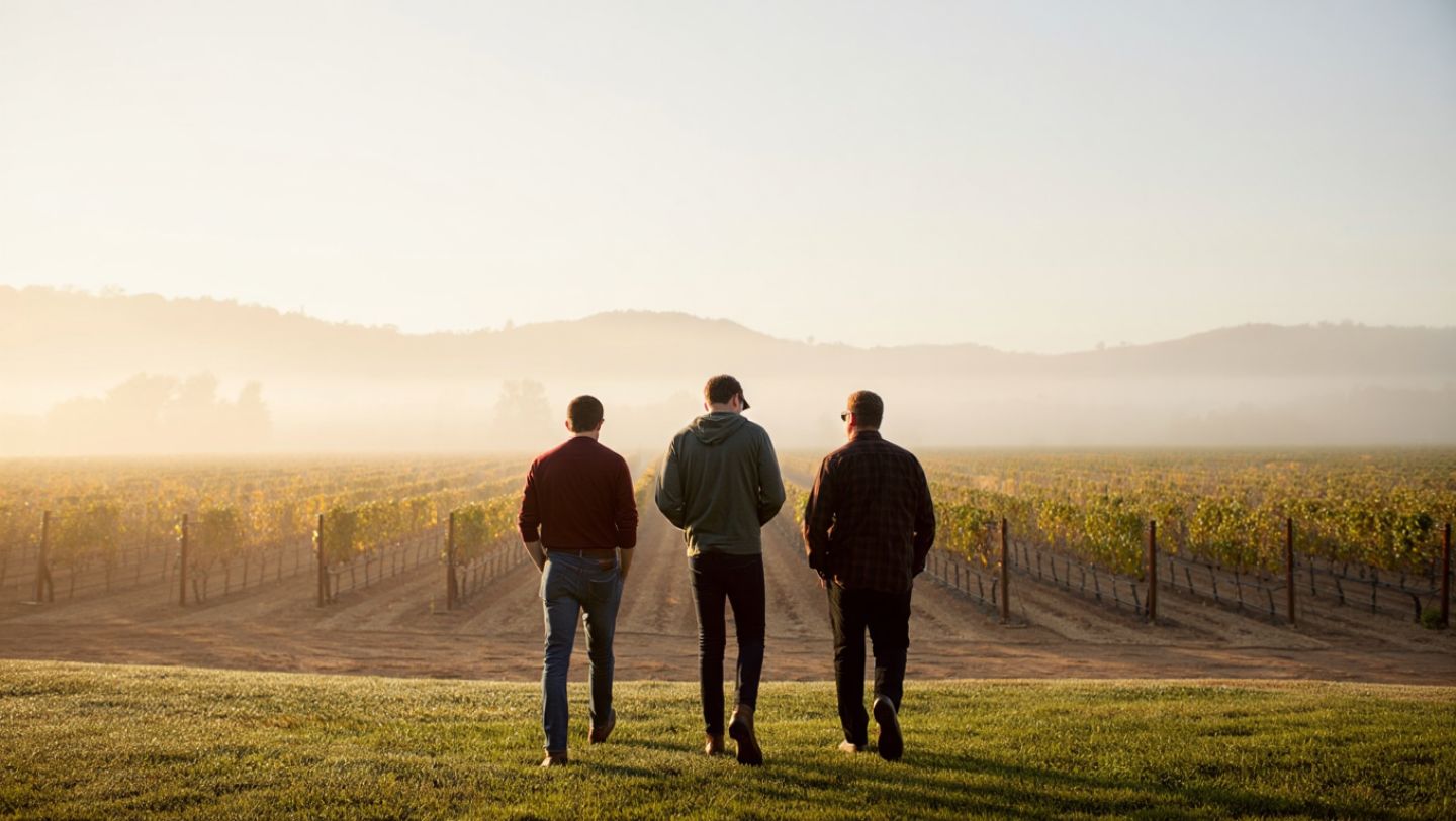 Remote team members walking together through Napa Valley vineyards in the morning fog, reflecting and reconnecting during a team offsite.